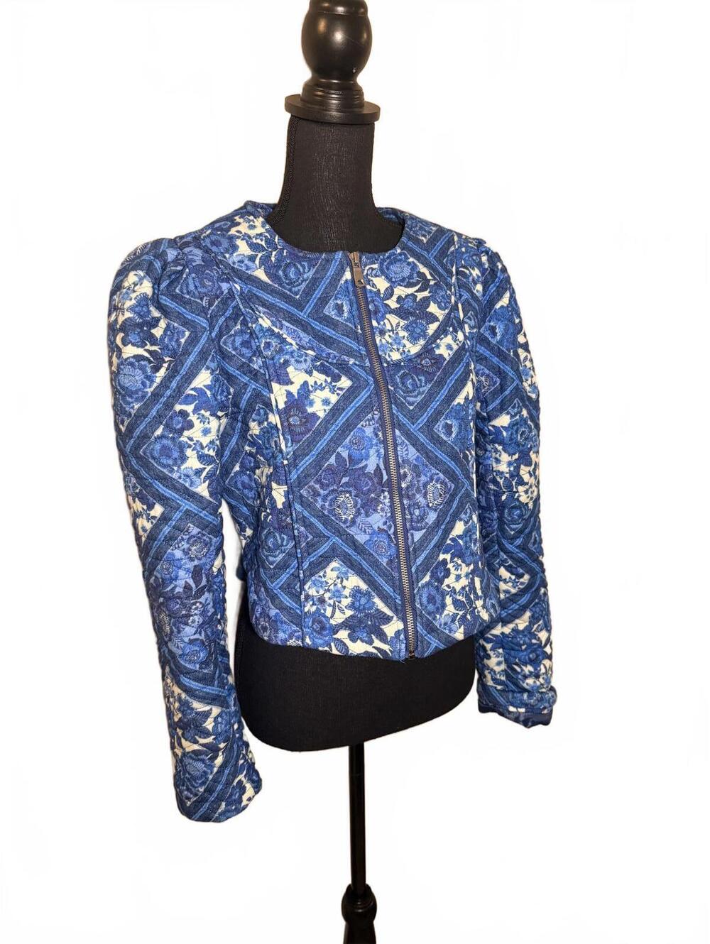 7 For All Mankind Blue Patterned Quilted Cropped Jacket M